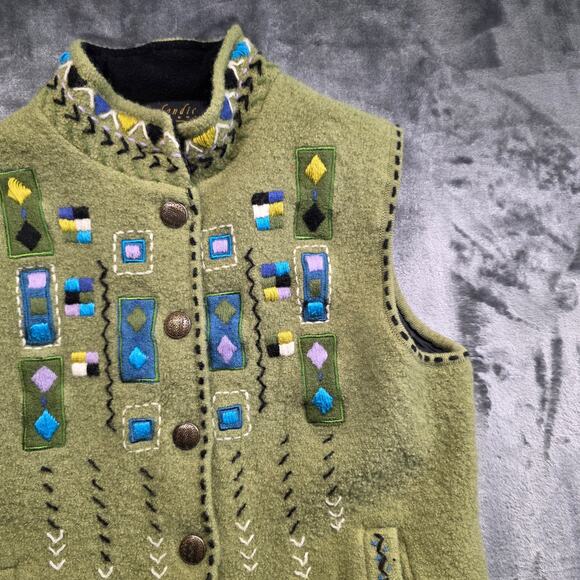 Icelandic Design Womens Wool Vest Embroidered Green Button Up Size S - Picture 4 of 14